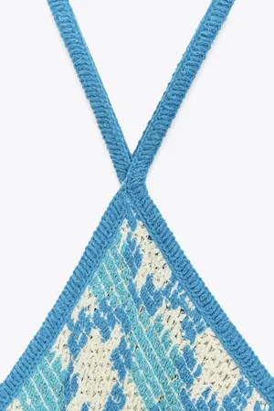 Zara Blue Patterned Crochet Halter Maxi Dress Bohemian Summer Casual thumbnail 5