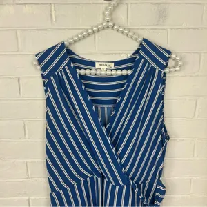 Monteau Blue White Striped Faux Wrap Mini Dress Size L thumbnail 3