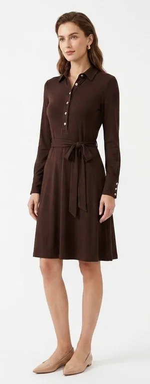 J.Crew Womens Brown Long Sleeve Knit Shirt Dress Gold Buttons Belted M thumbnail 1