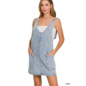 Zenana Denim Overall‎ Dress with Front Pockets - Light - Large thumbnail 2