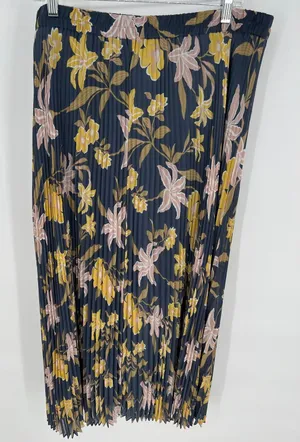 LOFT Pleated Maxi‎ Skirt XL Dusty Blue Yellow Floral Elastic Waist Accordion thumbnail 1