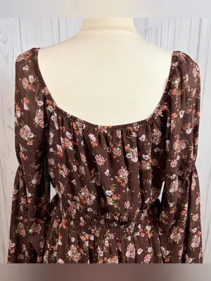 LIVE TO BE SPOILED Y2K Brown Chiffon Pink Floral Long-Sleeve Ruffled Mini Dress‎ thumbnail 7