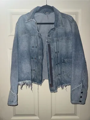 Free People Washed Light Blue Denim Jacket with Frayed Hem thumbnail 1