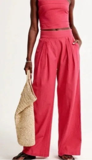 NWT Abercrombie & Fitch Wide Leg Linen Blend Trousers‎ L Pink Coastal Chic thumbnail 1
