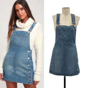 Free People Louise‎ Denim Skirtall Overall Dress Medium Wash Blue Size 0 thumbnail 2