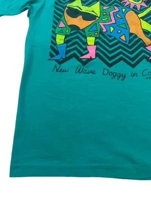 Hanes Teal Graphic Dog Print Vintage 1989 Tee Shirt M. Stewart Large Women's thumbnail 4