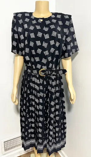 Leslie Fay Vintage Navy Blue Geometric Dot Pleated Midi Dress with Belt Size 14W thumbnail 1