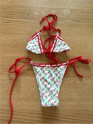 Frankie's Bikinis Red Cherry Print Triangle Bikini thumbnail 1