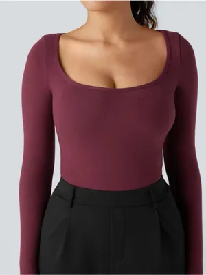 🌸Lucky Brand square-neck long sleeve contour top in a burgundy / maroon shade.M thumbnail 1