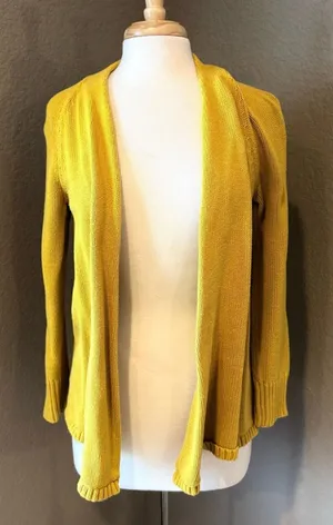 LOFT Mustard Yellow Open Front Knit Cardigan Sweater Medium thumbnail 1