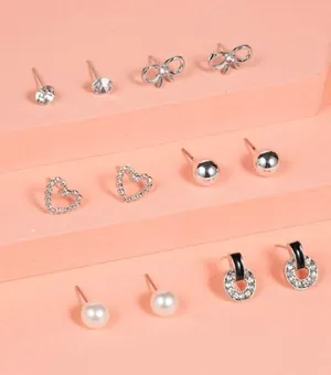 NEW - 6 pairs of stud earrings, bow jewelry, heart earrings, pearl earrings, minimalist jewelry silver - stocking stuffer thumbnail 2