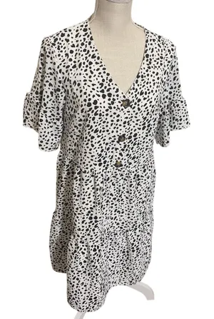 Dalmatian Tiered Polka Dot Mini Dress Spotted Black White Sz Small Spring Fun‎ thumbnail 1