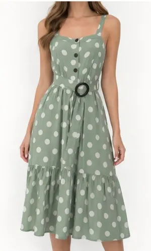 Monteau Linen Blend Polka Dot Midi Dress with Belt Green Size Small thumbnail 1