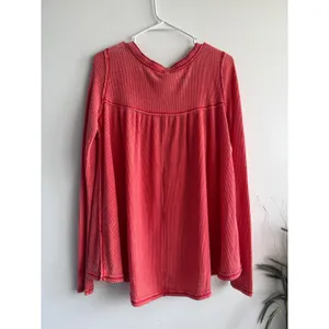 We The Free Free People Womens Small Coral Red Waffle Knit‎ Henley Thermal Top thumbnail 2