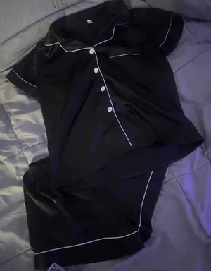 Amazon Black Satin Pajama Set with White Piping thumbnail 1