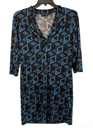 Banana Republic Abstract Print V-Neck‎ Long Sleeve Dress Black Blue Size Medium thumbnail 1