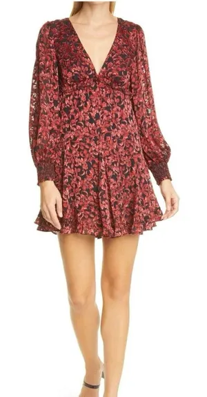 Alice + Olivia Briar Floral Blouson Empire Long Sleeve Mini Dress Red Black 2 thumbnail 1
