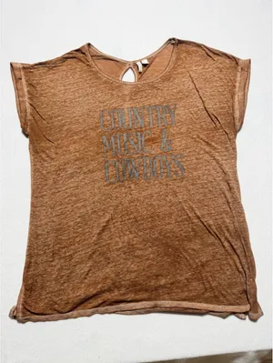 OZEO Women’s L Country Music & Cowboys Brown Graphic Tee Keyhole Back thumbnail 4