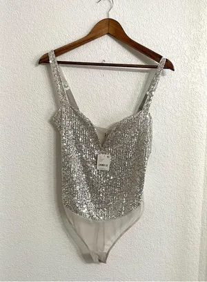 NWT Free People Womens Bodysuit Silver Sparks Fly Bodysuit Sequin Size Small thumbnail 2
