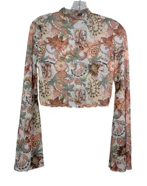 Retro Floral Mesh Mock Neck Cropped Top Long Bell Sleeve 70s Style Boho Festival thumbnail 1