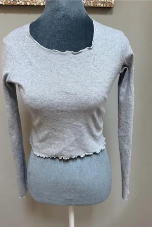 Brandy Melville Italy light grey cotton ruffled long sleeve crop top shirt thumbnail 1