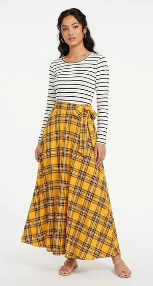 Reborn J Women Mixed Print Maxi Dress Striped Plaid mustard yellow Small USA thumbnail 1