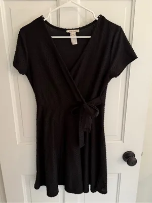 Rolla Coster Black Swiss Dot Faux Wrap‎ Tie Waist Mini Dress L thumbnail 1