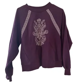 Tracy Evans NWT Plum Purple Boho Embroidered Crewneck Sweatshirt Floral Lace M thumbnail 1