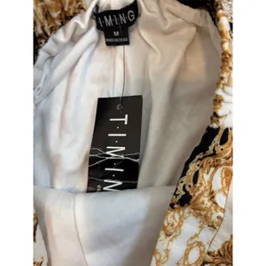TIMING Wide Leg Pants Womens Size M White Gold‎ Black Baroque Scroll Print NEW thumbnail 3