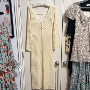 Cream Boho Sheer Knit Lightweight Long Sleeve Midi Dress Cover Up Cottagecore thumbnail 2