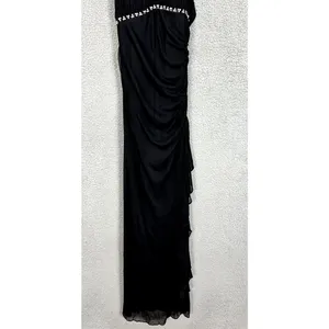 Cache Halter Maxi Dress‎ Womens 2 Black Rhinestone Ruched Y2K Formal Prom Gown thumbnail 2