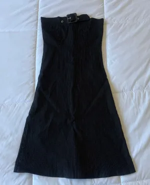 Vintage Y2K Strapless Pinstripe Midi Dress – Corset Style Tailored A-Line Dress w/ Buckle Detail Small thumbnail 1