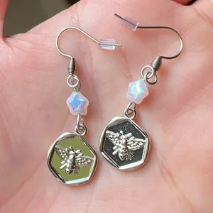 Handmade funky fairy retro bee & mini Czech glass star beads dangle earrings 🍯🍃🌀💕 thumbnail 3