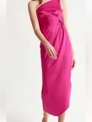 Abercrombie & Fitch Satin One Shoulder Knotted Midi Dress Fuchsia XS NEW $130 thumbnail 7