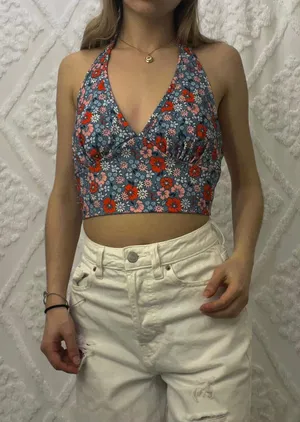 Originality Y2k Blue Floral Deep V Halter Top thumbnail 2