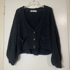 Free People FP beach fuzzy black oversized cardigan sweater size small thumbnail 1