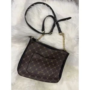 Nine West Brown Monogram Crossbody Shoulder Bag Purse Gold Chain Black Logo thumbnail 4