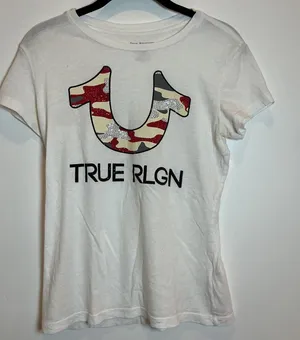 True Religion Graphic T-Shirt Womens XS White Excellent Camo Rhinestone Logo Tee thumbnail 1