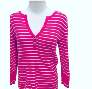 Ralph Lauren Pink White Stripe Knit Henley Knit Top L Preppy thumbnail 2