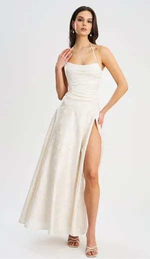 NWT Miss Circle Raegan Pearl White Jacquard Ruched Maxi Dress M thumbnail 1