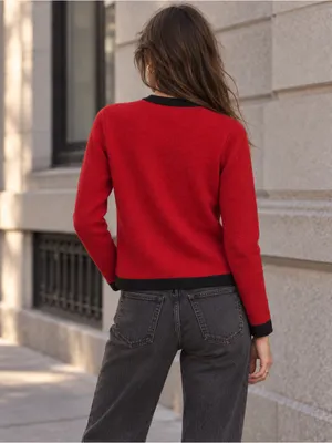 Vintage 100% Cashmere Red Cardigan Black Trim Gold Buttons Small thumbnail 2