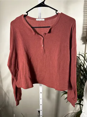 S228. Caution to the Wind Rust Henley Knit Long-Sleeve Top thumbnail 1