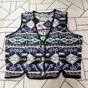 Southwest Canyon Geometric Jacquard Vest M Blue‎ VTG 90s Western Crop Aztec thumbnail 5
