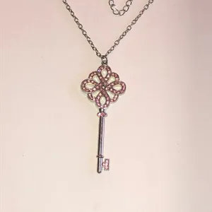 Silver Tone Key Pendant Necklace with Pink Accents thumbnail 2