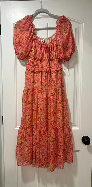 NSR Pink Floral Puff-Sleeve Tiered Maxi Dress thumbnail 1