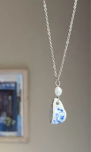 Handmade porcelain tea cup & freshwater pearl unique fun fairy antique style necklace🫖🍃🌀 thumbnail 2