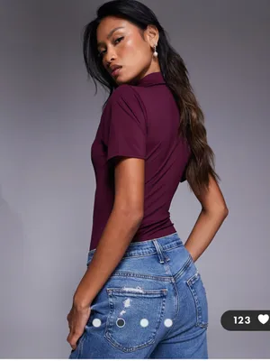 Good American Fig Collared Short-Sleeve Bodysuit with Deep V sz S thumbnail 2