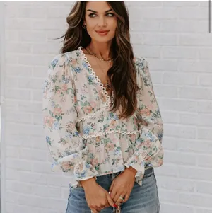 Vici New-Malaia Floral Crochet Peplum Top - Ivory Multi thumbnail 3