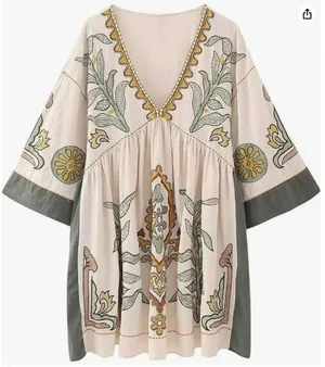 Womens Oversized Embroidered Dress with V-Neck and 3/4 Sleeves Vintage Embroidery Babydoll Dress thumbnail 5