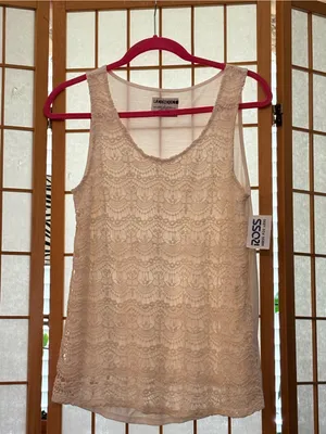 Lace Overlay Scoop Neck Tank Top - Cream Large NWT thumbnail 3